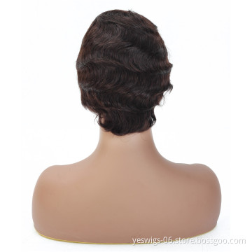 Pixie Cut Short Human Hair Wig Finger Wave For Black Women, Yeswigs Brazilian Virgin Cuticle Aligned Hair Wavy Wig Color 2#